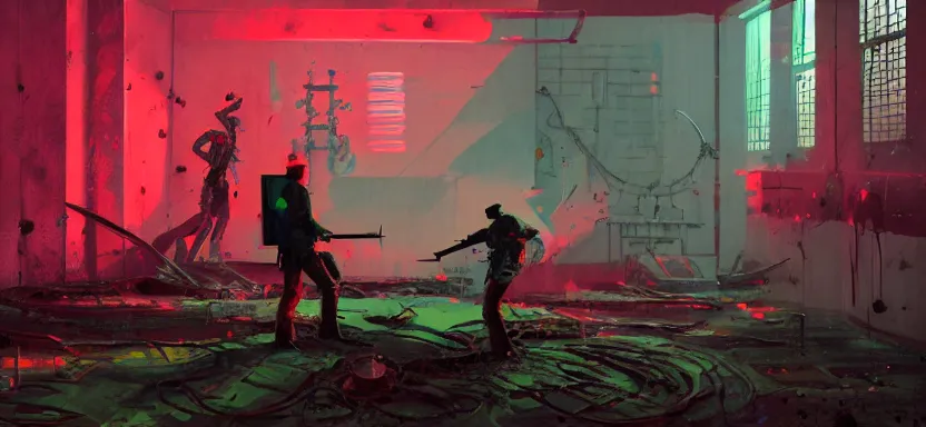 Prompt: handmade illustration of a duel with weapons in an industrial room, line art, octane render with volumetric lighting, miniatures by wes anderson, cedric peyraavernay, waste processing machinery, bladerunner, green and red radioactive swamp, by Remedios Varo and Anato Finnstark and Greg Rutkowski, dayglo pink, dayglo blue, by Craig Mullins, ilya kuvshinov, krenz cushart, artgerm, 8k, trending on ArtStation