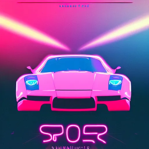 Image similar to synthwave poster of sports car in bland plains, with blue fog, purple fog, pink fog in the background and laser neon trims