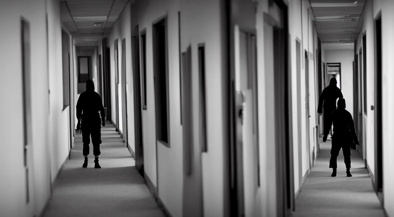 Prompt: distant hiding ninjas in long corridor backrooms, DOF