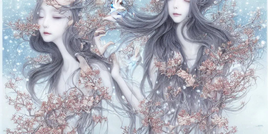 Prompt: breathtaking delicate detailed concept art winter creatures blend, by miho hirano, bizarre compositions, exquisite detail, pastel colors, 8 k