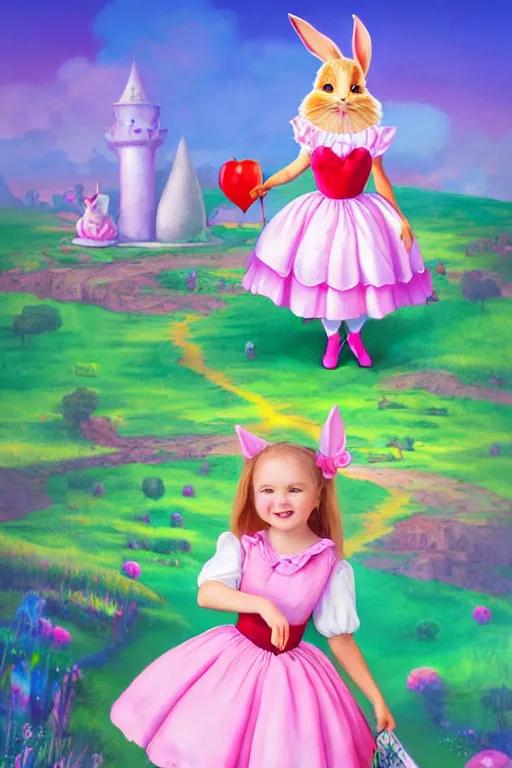 Image similar to matte sharp painting cute little girl dressed as alice and cute rabbit landscape painted by mark rydel and lisa frank, artstation behance storybook