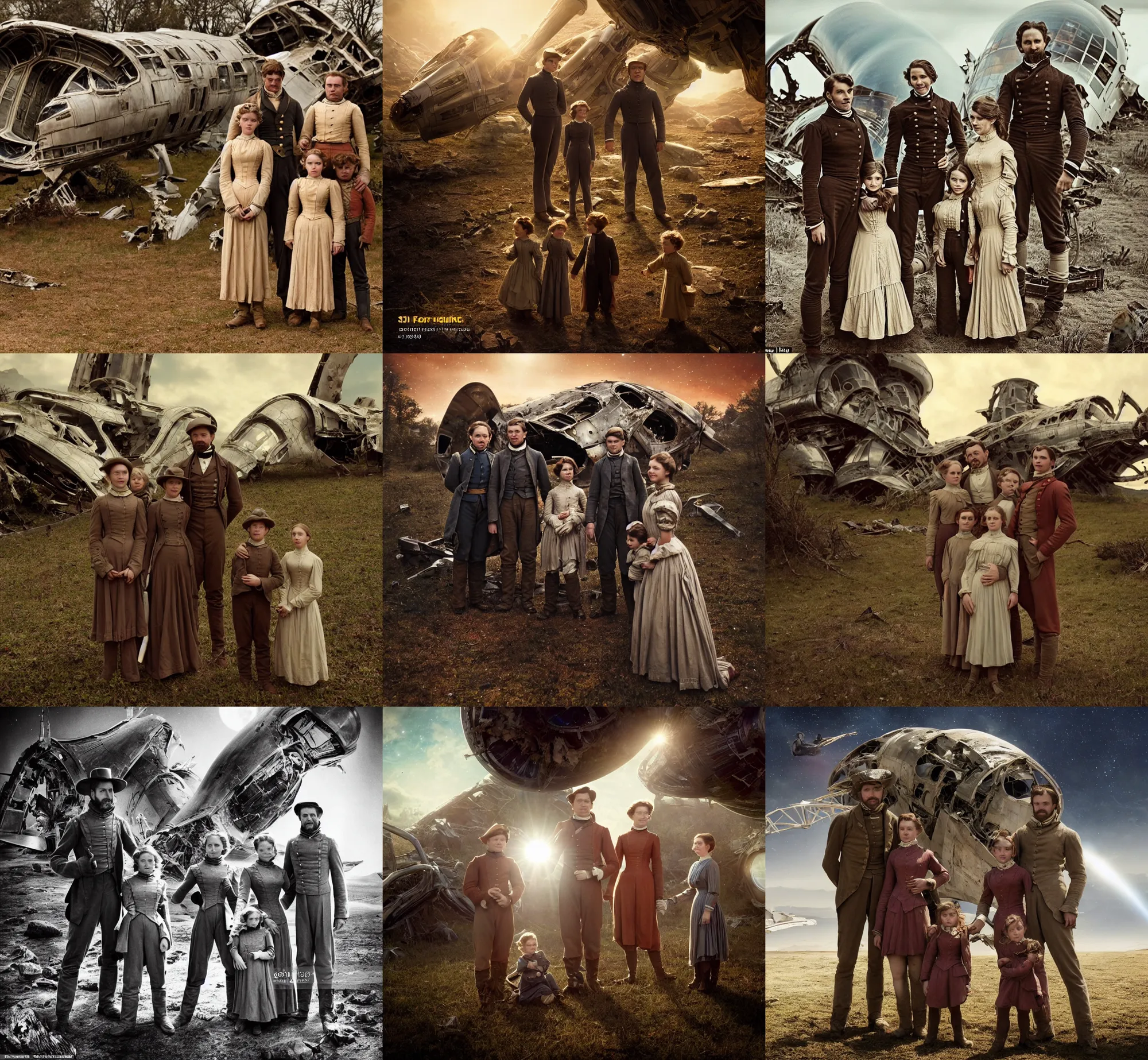 Prompt: sharp, highly detailed, film from a blockbuster sci fi 4 k color movie, set in 1 8 6 0, family standing in front of a crashed spaceship, on a alien planet, looking happy, wearing 1 8 5 0 s era clothes, atmospheric lighting, in focus, reflective eyes, 3 5 mm macro lens, live action, nice composition, good photography, facial details