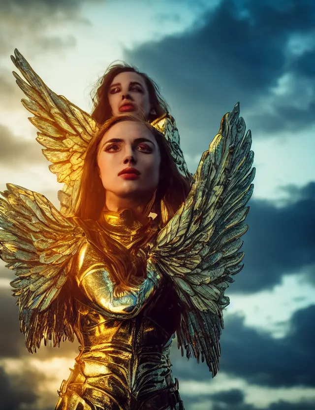 Prompt: Portrait of a fierce beautiful woman in glowing angelic battle armor and wings, among the clouds, golden hour photography, cinematic, epic, 4k, stylized, hyper realistic