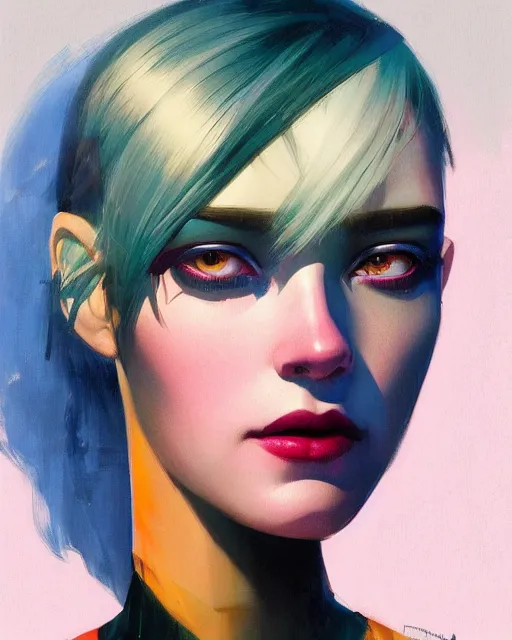 Image similar to dark portrait of a half - robot woman with cute - fine - face, pretty face, multicolored hair, realistic shaded perfect face, fine details by realistic shaded lighting poster by ilya kuvshinov katsuhiro otomo, magali villeneuve, artgerm, jeremy lipkin and michael garmash and rob rey