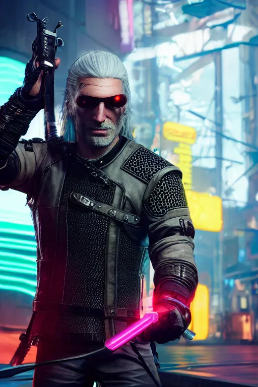 Image similar to geralt of rivia wearing futuristic leather jacket and futuristic goggles, geralt of rivia wielding a neon broadsword, cyberpunk 2 0 7 7, medium shot, background is filled with neon lights and futuristic vehicles, trending on artstation, ultra realistic, 4 k