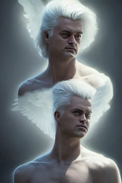 Image similar to geert wilders as an angel, anatomy, bathed in light, highly detailed, photorealistic, artstation, smooth, sharp focus, illustration, unreal engine 5, 8 k, art by artgerm and greg rutkowski and edgar maxence