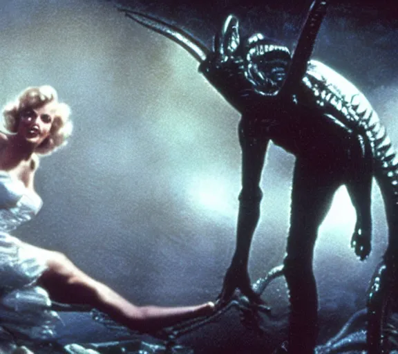 Image similar to a movie still of marlin monroe in the movie alien running from a xenomorph, fear, leg lights, panic