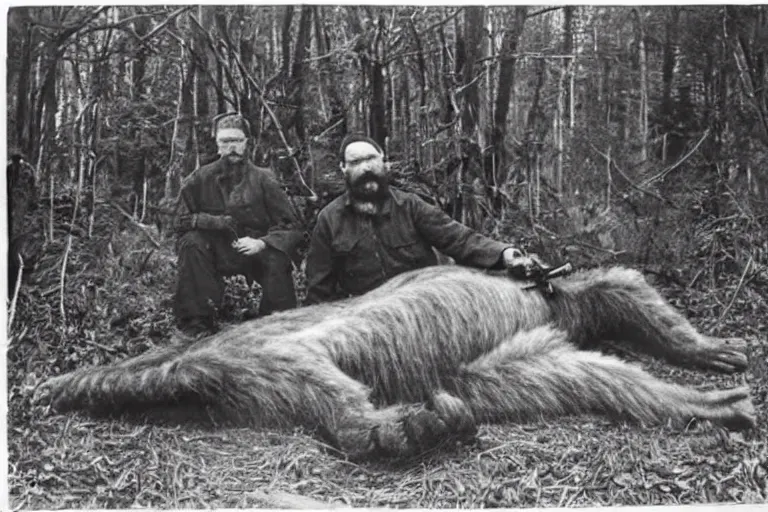 Prompt: a big game hunter posting with a bigfoot he killed, 1898, photograph, realistic