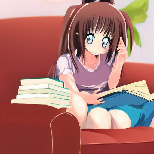 Prompt: Anime Girl reading a book on a sofa