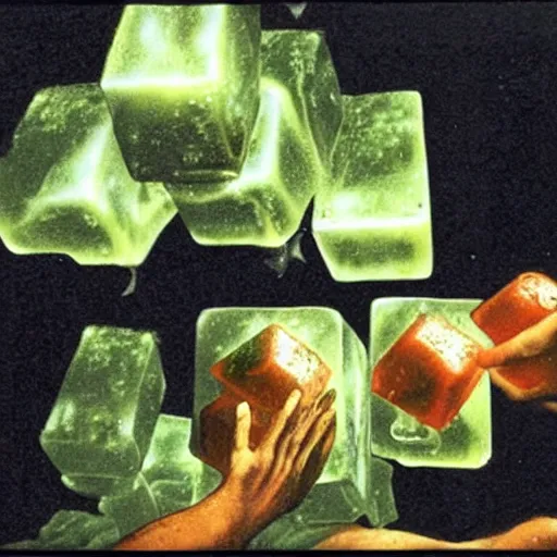 Prompt: gelatinous cubes being processed into magic items with the juice made from their bodies, d & d, dave mckean