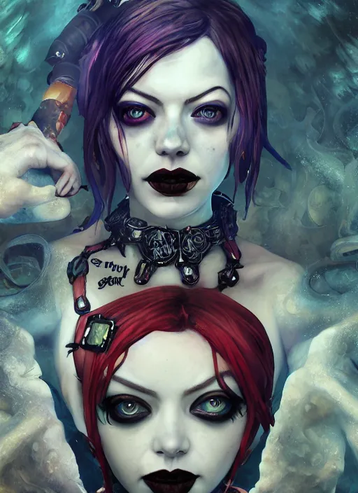 Image similar to underwater dark goth gothic steampunk portrait of emma stone as harley quinn, full moon, hyper detailed, digital art, cinematic lighting, studio quality, smooth render, unreal engine 5, octane rendered, art style by klimt and nixeu and ian sprigger and krenz cushart.