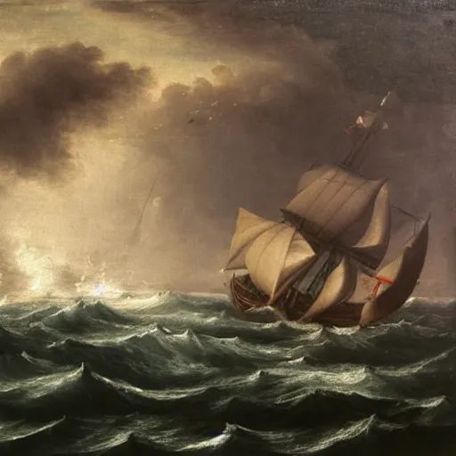 Image similar to a medieval vessel sailing the sea in a rough storm, sailors frantically pulling at ropes and tying the sails, large waves crashing and lightning striking in the distance, dark great clouds swirling above, detailed and oil painting