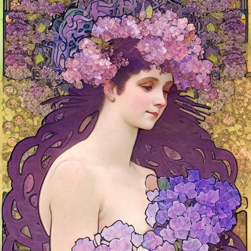 Prompt: lilac hair goddess of light through hydrangeas flowers, soft rose and dried petals, alphonse mucha style, painterly, highly detailed, 8 k,