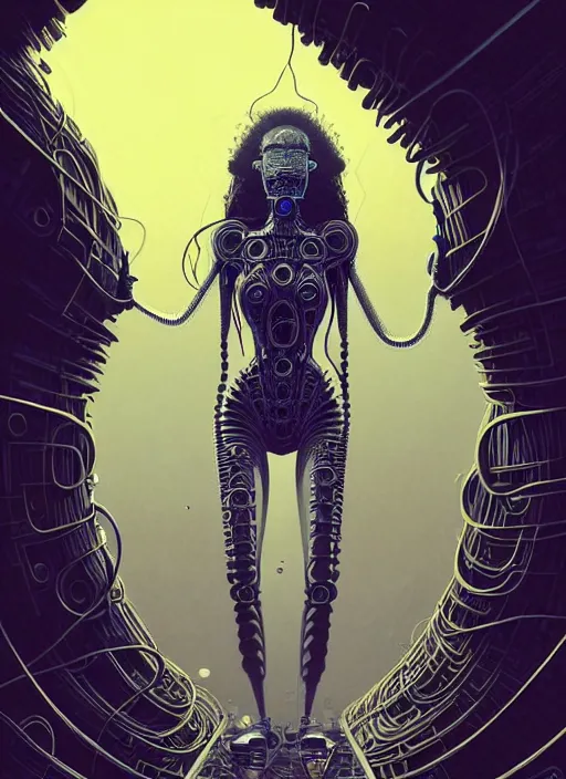 Image similar to highly detailed portrait of a biomechanical long curly white hair tribal lady, stray wiring by atey ghailan, james gilleard, by joe fenton, by greg rutkowski, by greg tocchini, by kaethe butcher, 4 k resolution, gradient yellow, black and white color scheme!!! ( ( dystopian robotic tessellating pyramid pouring sandfall background ) )