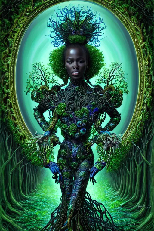 Prompt: hyperrealistic neo - baroque super expressive! black woman with exoskeleton armor, merging with tree in a forest, highly detailed digital art masterpiece smooth cam de leon hannah yata dramatic pearlescent blue green light ground angle hd 8 k sharp focus