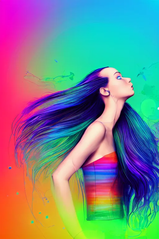 Prompt: a award winning half body portrait of a beautiful woman with stunning eyes in a croptop and cargo pants with rainbow colored ombre hairstyle head in motion and hair flying by thomas danthony, surrounded by whirling illuminated liquids, outrun, vaporware, shaded flat illustration, digital art, trending on artstation, highly detailed, fine detail, intricate