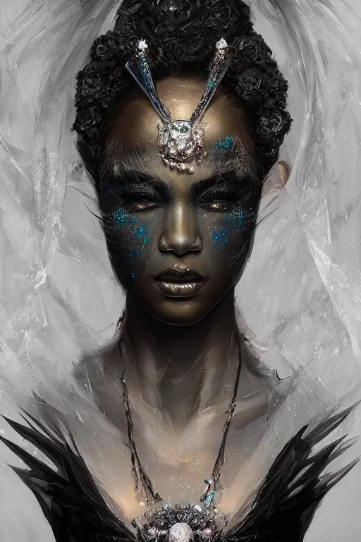Image similar to beautiful black model face coveredd with diamonds wearing crystals, diamonds, angel, fantasy, dramatic lighting, highly detailed, digital painting, holding electricity, magic the gathering, hyper detailed, 3 d render, hyper realistic detailed portrait, peter mohrbacher, wlop, ruan jia