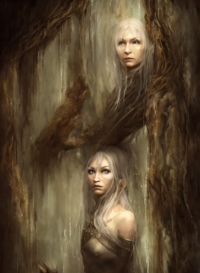 Image similar to a closeup portrait of an elven sorceress exploring an abandoned house from skyrim, fantasy setting, cold environment, serene colors, soft lighting, atmospheric, cinematic, moody, in the style of diego koi, gina heyer, luiz escanuela, art by alyssa monk, depth, hyperrealism, rule of thirds, golden ratio, oil on canvas, 8 k