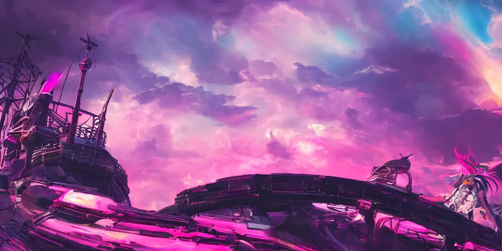 Prompt: space, pirate neon ship with punks on board, mohawks, neon, oil painting, pink, rich deep colors masterpiece, ultra detailed, contrast, heaven pink, lots of roman arches, punk rock with mohawks, clouds, sky, volumetric light, atmospheric lighting, dramatic, cinematic, moody, octane render 4 k, 8 k