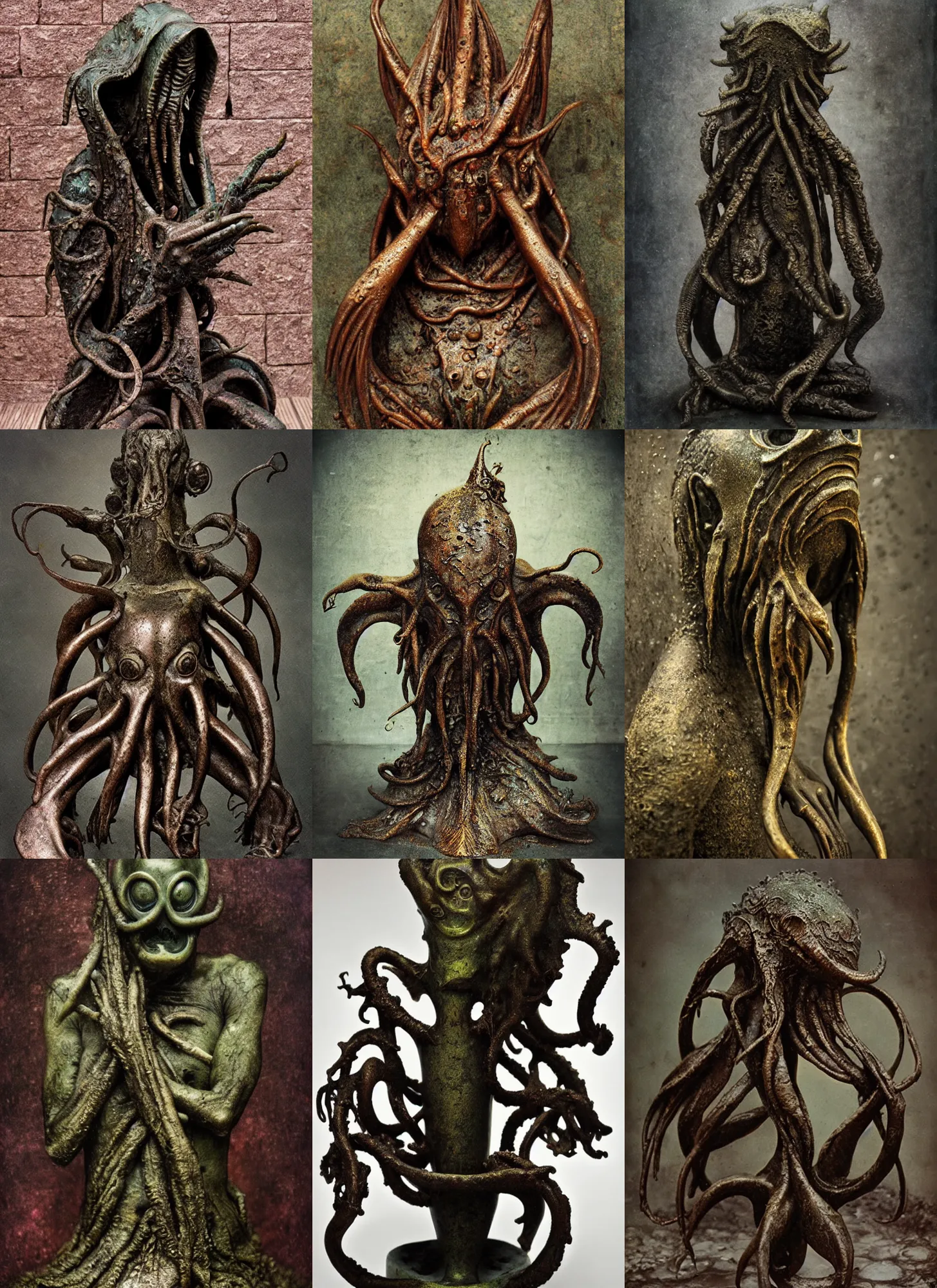 Prompt: wet plate photography, bronze patina cthulhu sculpture, beksinski