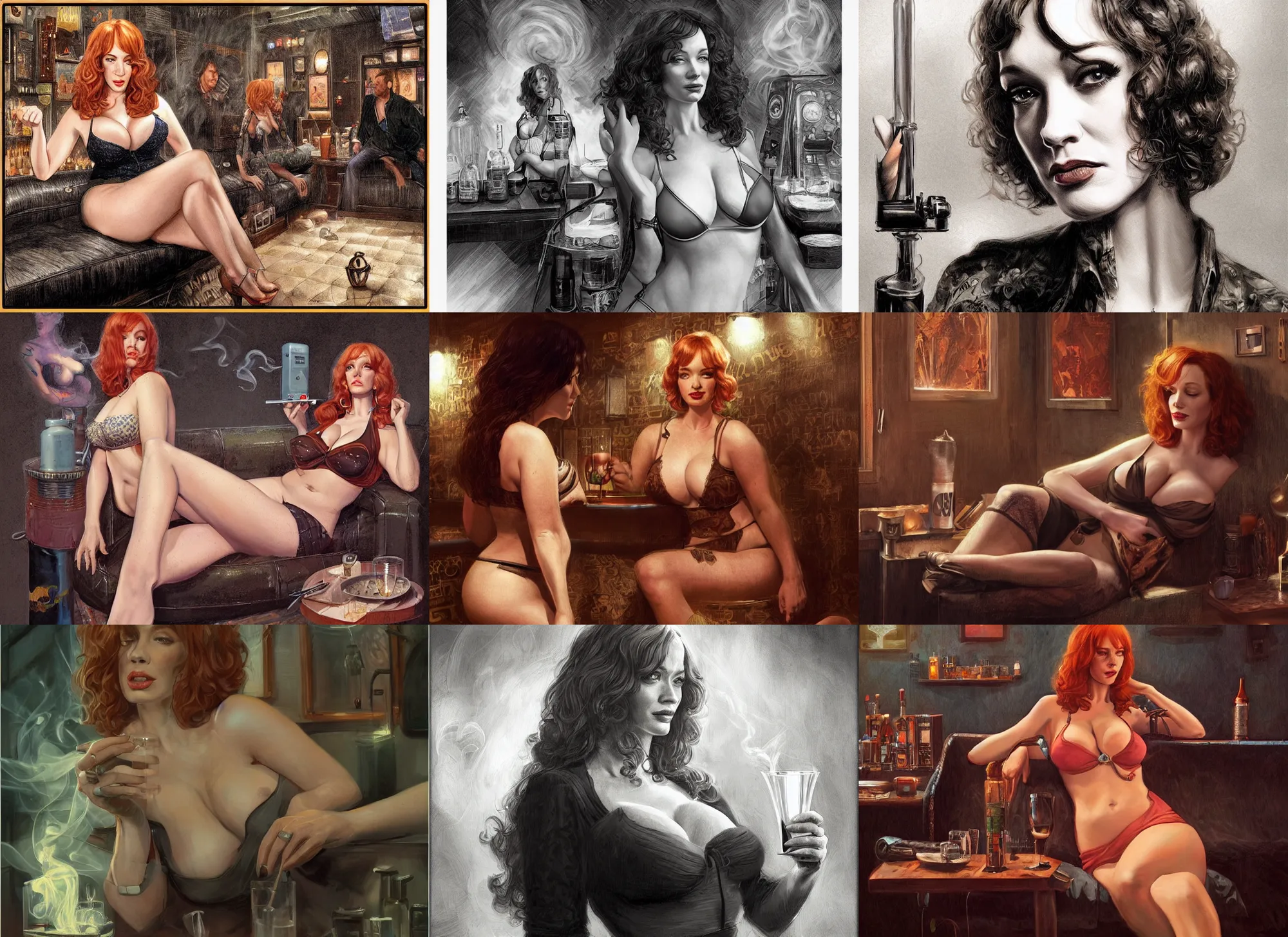 Prompt: muscled Christina Hendricks as a 1960s hippy relaxing in a dark moody smoke filled bar lounge, elegant, highly detailed, short focus, illustration, Artstation, Artgerm, Donato Giancola and Joseph Christian Leyendecker