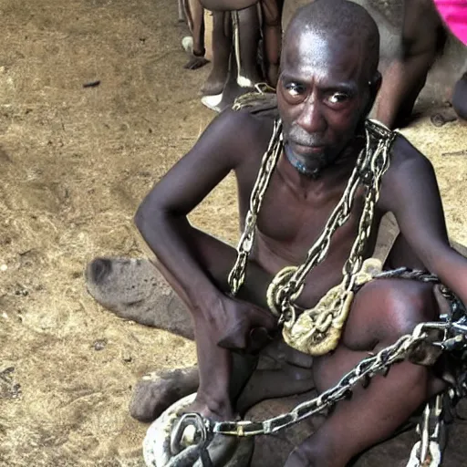 Prompt: a slave with chains looking to the camera.