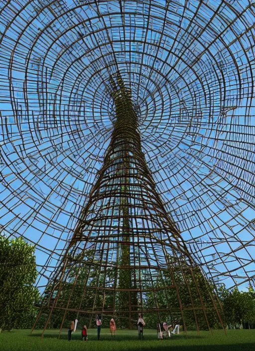 Image similar to highly detailed realistic architecture 3 d render of a spiral stele shukhov tower standing in a city park, archdaily, made in unreal engine 4 octane render