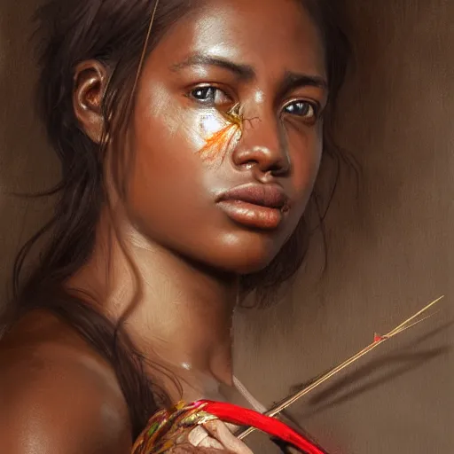 Prompt: artstation concept of a beautiful girl holding a bow and arrow, brown skin, sweaty skin, symmetrical face, casual white garment, brown canyon background, shiny colorful, hyperdetailed, artstation trending, world renowned artists, worth1000.com, historic artworks society, antique renewal, cgsociety, by greg rutkowski, by Gustave Doré, Deviantart
