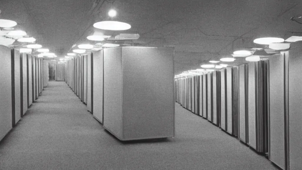 Prompt: 1970s color interior magazine photo of a row of office cubicles at night lit by the soft glow of candlelight, shimmering, in an attic
