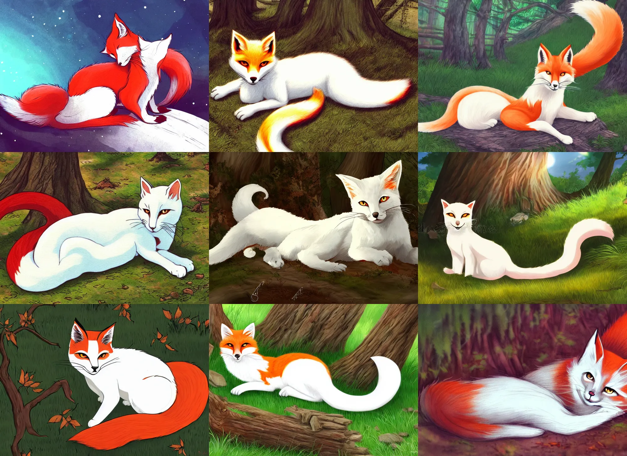Prompt: white cat with red tail like fox back laying at sunny forest, smooth, anime illustration, fantasy, quality