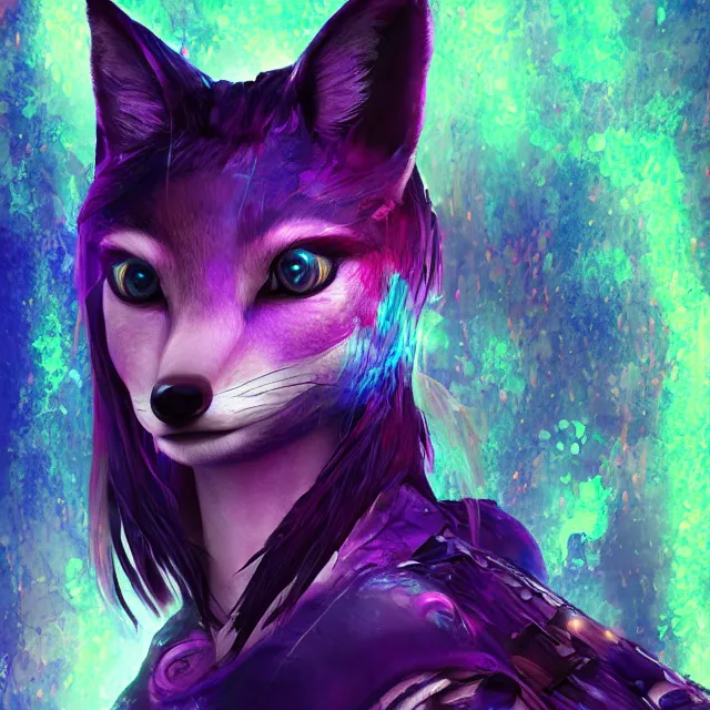 Image similar to a character portrait of the avatar for an female humanoid fox a. i. in the style of glitch art in the style of anti art trending on artstation deviantart pinterest furaffinity photorealistic hd 8 k highlights and shadow detailed high resolution