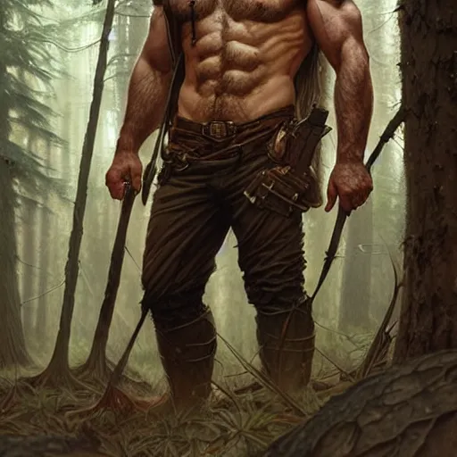 Image similar to Rugged male ranger, muscular, hairy torso, D&D, fantasy, forest, intricate, cinematic lighting, highly detailed, digital painting, artstation, concept art, smooth, sharp focus, illustration, art by Artgerm and Greg Rutkowski and Alphonse Mucha