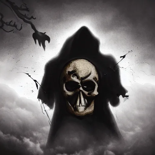 Image similar to dark figure with tattered cloak with skull instead of head on a mountain in gloomy fog, atmospheric lightning