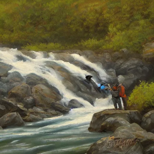 Prompt: tardigrade fishing for salmon at Brooks Falls in Alaska, landscape painting by Moran and George Caitlin