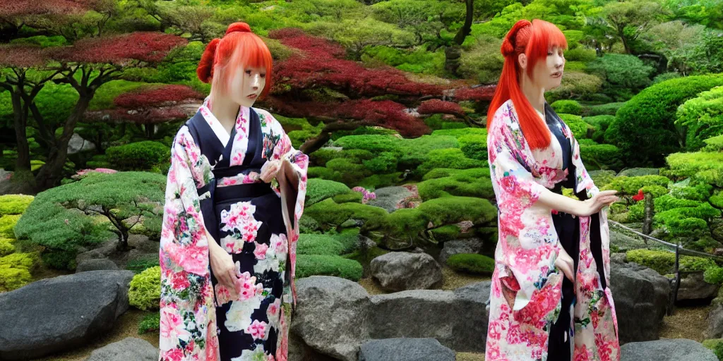 Image similar to A beautiful amber haired woman in a kimono in a Japanese garden