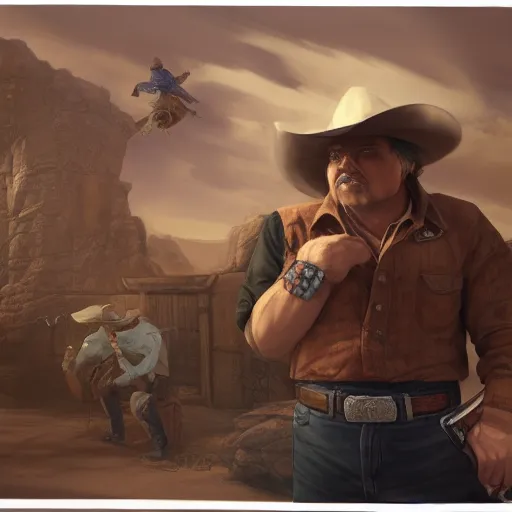 Image similar to a man in a cowboy outfit holding two guns, concept art by Tony DiTerlizzi, cgsociety, american realism, xbox 360 graphics, prerendered graphics, concept art