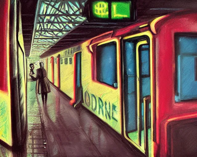 Prompt: urban nyc subway decay gothics, comic style painting with oil on cardboard, intense brushstrokes with rough brush, Storybook Illustration, cinematic color palette, UV, 4K, painting style by Magritte