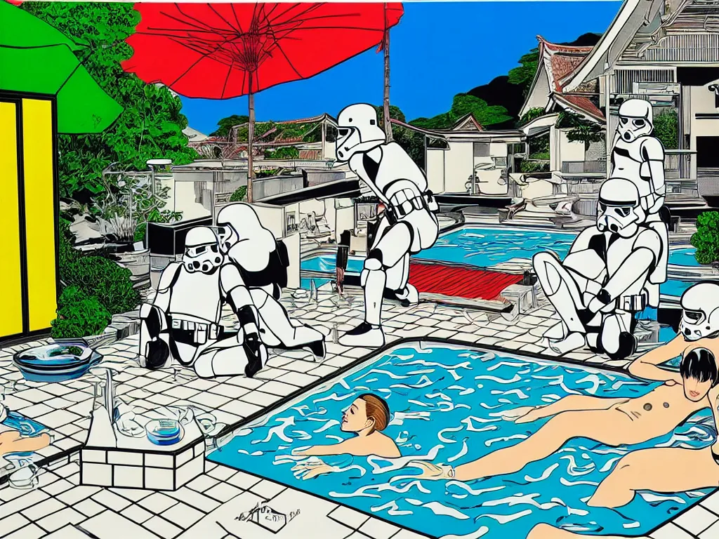 Image similar to hyperrealism composition of the japanese house with a hot springs in the garden, two detailed stormtroopers bathe in a hot spring, pop - art style, jacky tsai style, andy warhol style, roy lichtenstein style, round canvas, acrylic on canvas