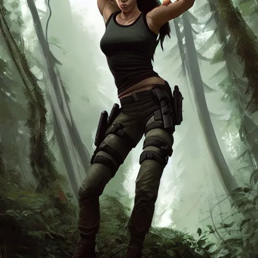 Image similar to photo of lara croft cuffed arrested by cops in a forest, 8 k, by greg rutkowski, artgerm,