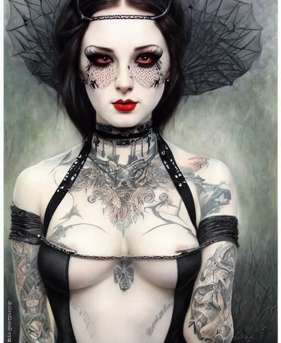 Prompt: two beautiful pale skin cosplay girls, gray eyes, black hair, fully tattooed body, fishnet corset with choker, symmetrical, beautiful detailed face, masterpiece, paint by karol bak