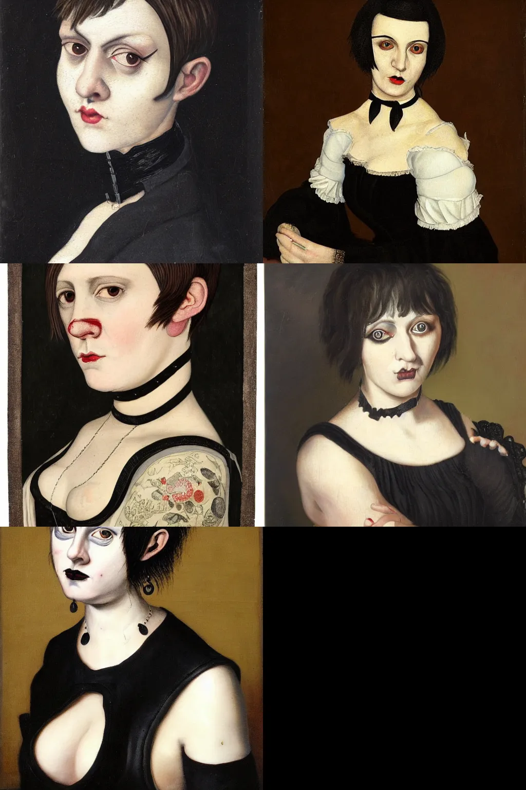 Prompt: a goth portrait painted by pieter aertsen. her hair is dark brown and cut into a short, messy pixie cut. she has a slightly rounded face, with a pointed chin, large entirely - black eyes, and a small nose. she is wearing a black tank top, a black leather jacket, a black knee - length skirt, and a black choker.