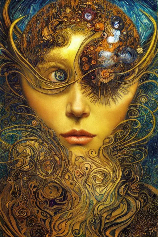 Image similar to Visions of Paradise by Karol Bak, Jean Deville, Gustav Klimt, and Vincent Van Gogh, visionary, otherworldly, fractal structures, infinite celestial wings, ornate gilded medieval icon, third eye, spirals, heavenly spiraling clouds with godrays, airy colors