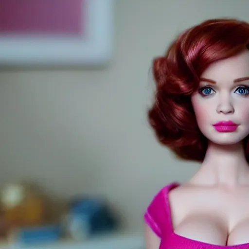 Image similar to amazing beautiful Christina Hendricks barbie doll in the living room, film still from the movie directed by Denis Villeneuve , wide lens