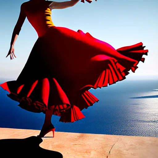 Image similar to beautiful flamenco dancer wearing a red and yellow swirling dress, standing on a Santorini terrace looking down into the ocean, trending on Artstation, cinematic