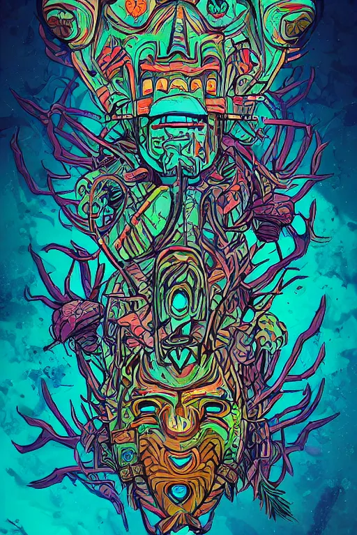 Image similar to totem animal tribal chaman vodoo mask feather gemstone plant wood rock video game illustration vivid color borderlands by josan gonzales and dan mumford radiating a glowing aura