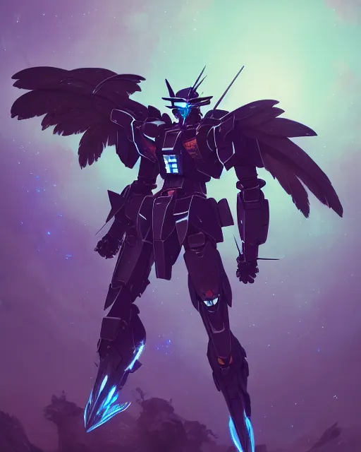 Prompt: highly detailed vfx portrait of an dark souls gundam with wings of feathers beam saber fighting in space with a beam gun, unreal engine, greg rutkowski, loish, rhads, beeple, makoto shinkai and lois van baarle, ilya kuvshinov, rossdraws, tom bagshaw, alphonse mucha, global illumination, detailed and intricate environment