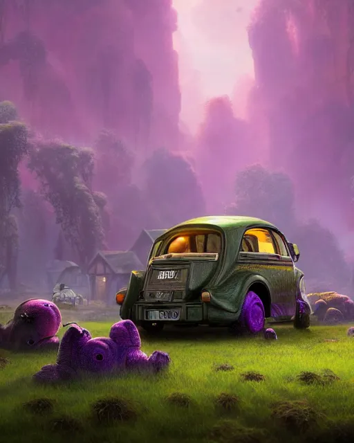 Prompt: tardigrade taxi car in a fantasy tatdigrade village, calming, uplifting mood, ultra realistic, farm, small buildings, highly detailed, atmosphere, violet planet in the sky, masterpiece, epic lighting, elves, green plants, magic, illuminated, 4 k, cinematic, morning sun, art by eddie mendoza