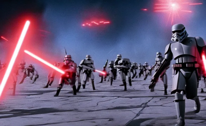 Image similar to iconic cinematic screenshot of imperial empire invasion on sith planet, from the action packed scene from the 8 0 s star wars sci fi film by stanley kubrick, glowing lasers, 4 k uhd, highly detailed scene, phot real, anamorphic lenses 2 4 mm, lens flare, award winning