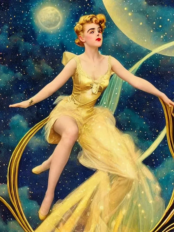 Prompt: kiernan shipka as tinkerbell, a beautiful art nouveau portrait by Gil elvgren, moonlit starry sky environment, centered composition, defined features, golden ratio, gold jewlery