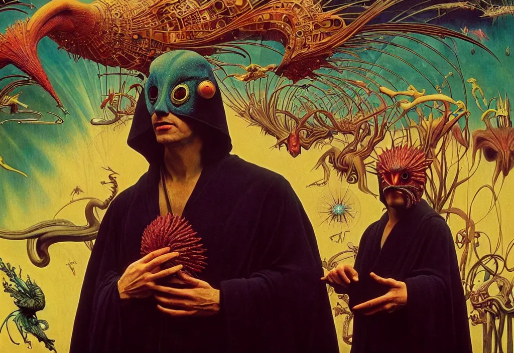 Prompt: realistic detailed portrait movie still of a birdman wearing dark robe, sci fi landscape background by denis villeneuve, amano, yves tanguy, alphonse mucha, max ernst, ernst haeckel, roger dean, masterpiece, rich moody colours, snarling dog teeth